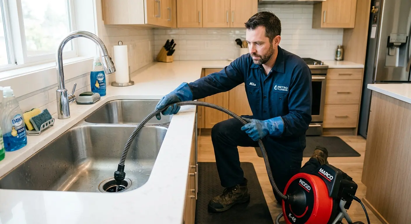 Drain cleaning technician using a motorized snake on a kitchen sink in Gateway