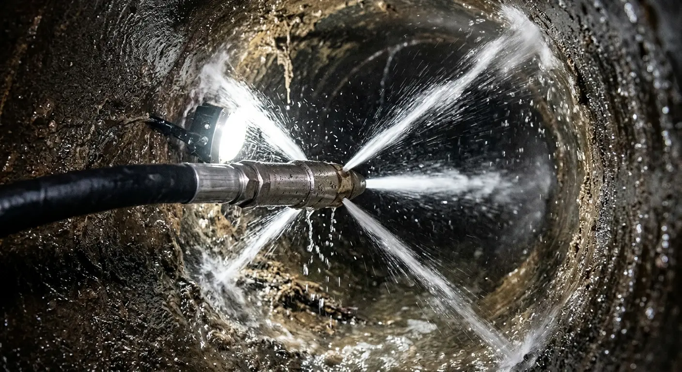 High-pressure hydro jetting nozzle cleaning sewer pipe for Sewer Cleanout in Gateway