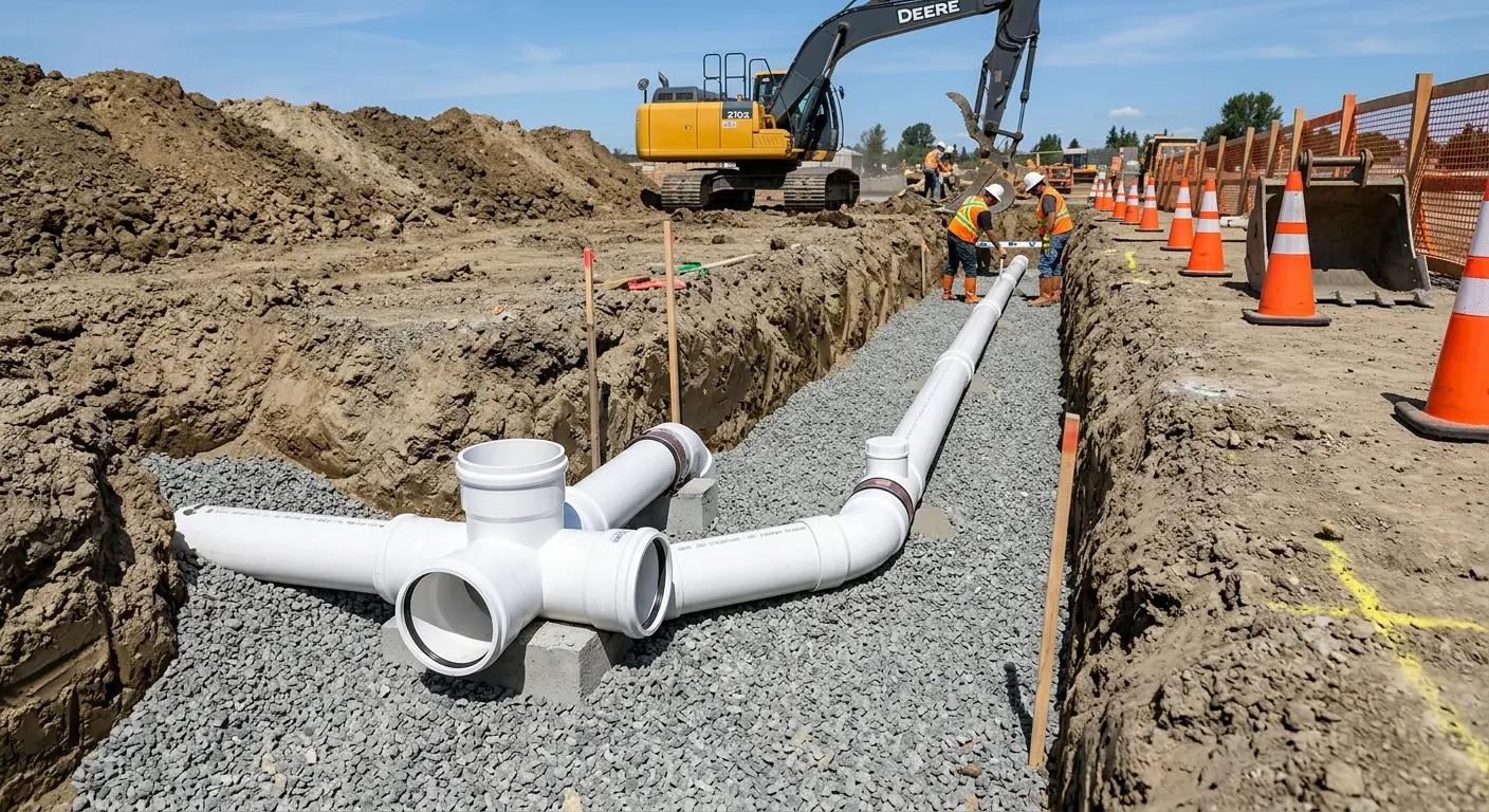 New PVC sewer pipe installation in open trench for Sewer Backup in Gateway