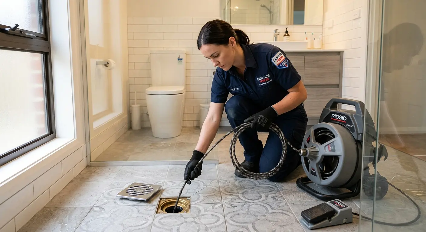 Technician clearing a bathroom floor drain for Drain Cleaning in Gateway